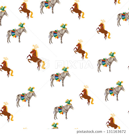 Seamless pattern with CIRCUS theme. Clowns, strongmen, lions, magic hat, hare in hat, holiday balloons tents. Circus characters. Cartoon flat style 131163672