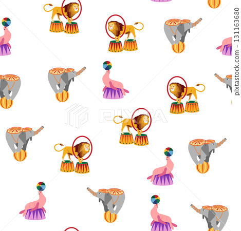 Seamless pattern with CIRCUS theme. Clowns, strongmen, lions, magic hat, hare in hat, holiday balloons tents. Circus characters. Cartoon flat style 131163680