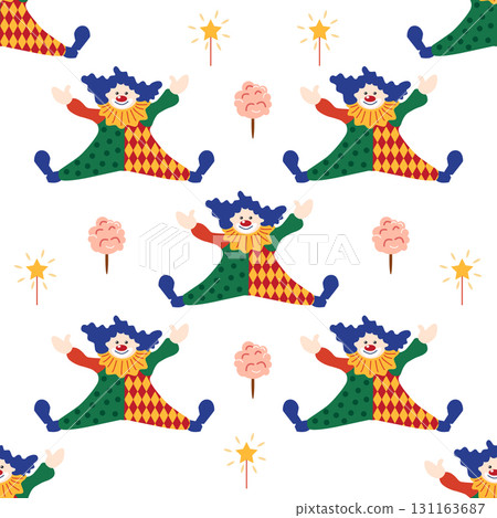 Seamless pattern with a CIRCUS theme. Circus clown character. Flat cartoon style. 131163687