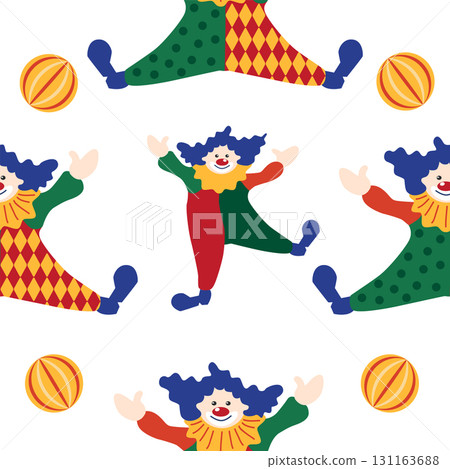 Seamless pattern with a CIRCUS theme. Circus clown character. Flat cartoon style. Seamless pattern with a CIRCUS theme. Circus clown character. Flat cartoon style. 131163688