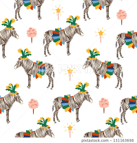 Seamless pattern with a CIRCUS theme. Circus zebra characters. Flat cartoon style 131163698