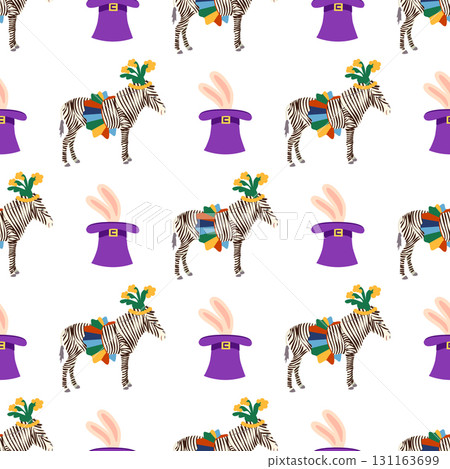 Seamless pattern with a CIRCUS theme. Circus zebra characters. Flat cartoon style 131163699