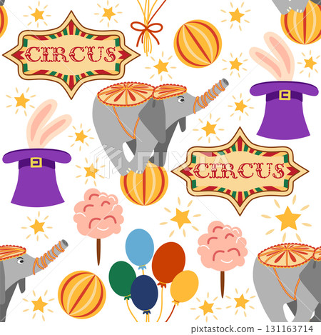 Seamless pattern with CIRCUS theme. Clowns, strongmen, lions, magic hat, hare in hat, holiday balloons tents. Circus characters. Cartoon flat style Seamless pattern with CIRCUS theme. Clowns, strongmen, lions, magic hat, hare in hat, holiday balloons tents. Circus characters. Cartoon flat style 131163714