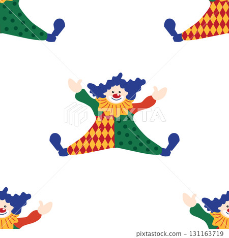 Seamless pattern with a CIRCUS theme. Circus clown character. Flat cartoon style. Seamless pattern with a CIRCUS theme. Circus clown character. Flat cartoon style. 131163719