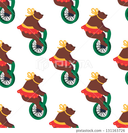 A seamless pattern with a CIRCUS theme. A circus bear character on a bicycle. Flat cartoon style. 131163726