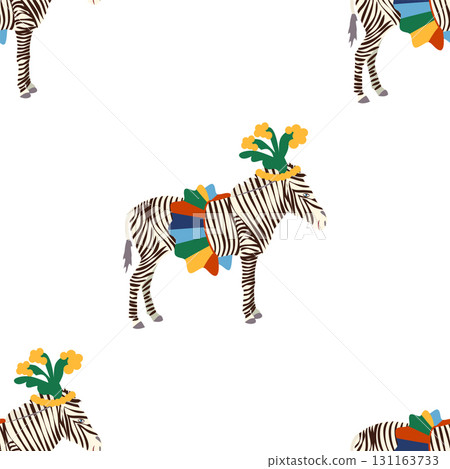 Seamless pattern with a CIRCUS theme. Circus zebra characters. Flat cartoon style. Seamless pattern with a CIRCUS theme. Circus zebra characters. Flat cartoon style. 131163733