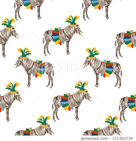 Seamless pattern with a CIRCUS theme. Circus zebra characters. Flat cartoon style. Seamless pattern with a CIRCUS theme. Circus zebra characters. Flat cartoon style. 131163734