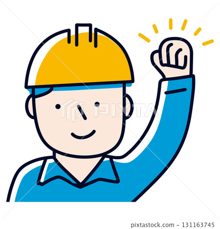 一名身穿粗糙藍色工作服、頭戴黃色頭盔的建築工人揮舞著拳頭，象徵著希望、韌性和成長 131163745
