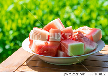 Red watermelon pieces in plate Red watermelon pieces in plate 131163897