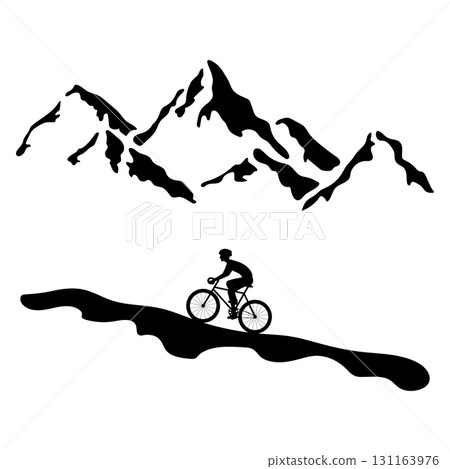 Mountain Biking Silhouette with Scenic Peaks. Vector Illustration. A cyclist riding a mountain bike uphill against the backdrop of high mountain peaks. Mountain Biking Silhouette with Scenic Peaks. Vector Illustration. A cyclist riding a mountain bike uphill against the backdrop of high mountain peaks. 131163976