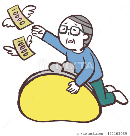 Illustration of a senior man being chased by money 131163989