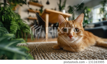 Adorable orange cat with green eyes relaxing in a bright, plant-filled home Adorable orange cat with green eyes relaxing in a bright, plant-filled home 131163995