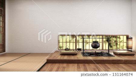 Window wall design on Japanese room with a fire pit in the middle of the room. 3D rendering Window wall design on Japanese room with a fire pit in the middle of the room. 3D rendering 131164074