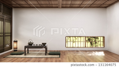 Horizontal windows are located near the floor and low table tea in a white room with a wood floor.3D rendering 131164075
