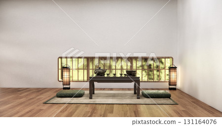 Horizontal windows are located near the floor and low table tea in a white room with a wood floor.3D rendering Horizontal windows are located near the floor and low table tea in a white room with a wood floor.3D rendering 131164076