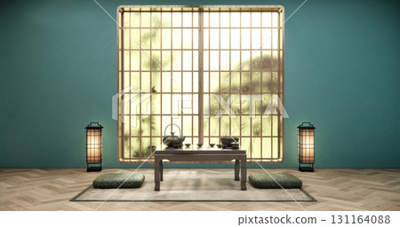 window with light shining through and low table tea in mint color living room on wooden floor.3D rendering window with light shining through and low table tea in mint color living room on wooden floor.3D rendering 131164088