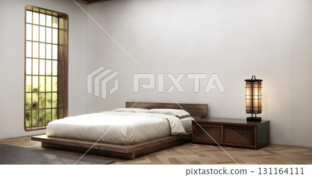 Bedroom with vertical windows on the headboard and minimalist bed in a white room with wooden floor.3D rendering Bedroom with vertical windows on the headboard and minimalist bed in a white room with wooden floor.3D rendering 131164111