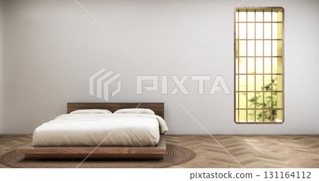 Bedroom with vertical windows on the headboard and minimalist bed in a white room with wooden floor.3D rendering 131164112