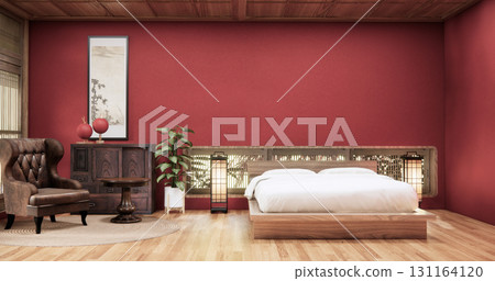 Viva magenta color bedroom japandi design on minimal muji room interior. 3D rendering 131164120