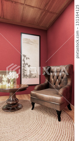 Viva magenta Living room with red wall and armchair japandi style.3D rendering 131164125