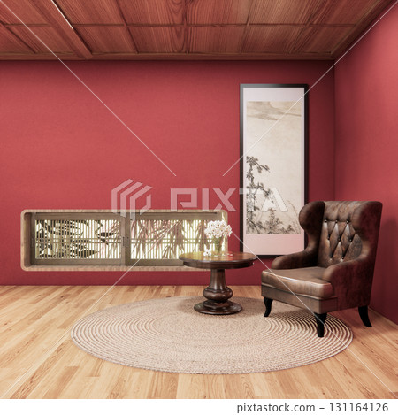 Viva magenta Living room with red wall and armchair japandi style.3D rendering 131164126