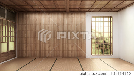 A wall with vertical windows and wooden wall panels in a minimalist Japanese style room with tatami mat flooring.3D rendering 131164140