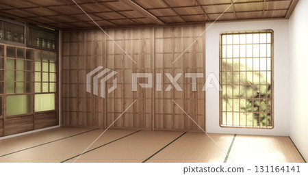 A wall with vertical windows and wooden wall panels in a minimalist Japanese style room with tatami mat flooring.3D rendering 131164141