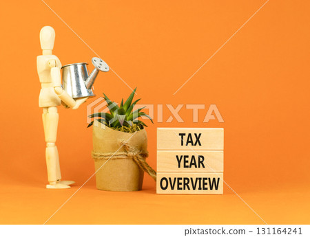Tax year overview symbol. Concept words Tax year overview on beautiful wooden blocks. Beautiful orange background. Businessman model. Business tax year overview concept. Copy space. 131164241
