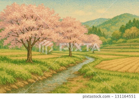 春季－盛開的櫻花、稻田、潺潺的小溪、鄉村風景、沙畫風格 131164551