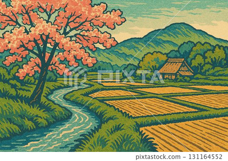 春季:盛開的櫻花、稻田、潺潺的小溪、鄉村風景、木版畫風格 春季:盛開的櫻花、稻田、潺潺的小溪、鄉村風景、木版畫風格 131164552