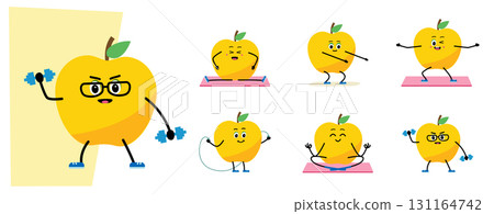character meditate in yoga pose. Outdoor sports. Cartoon, Happy apple. 131164742