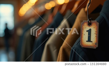 Vintage Metal Coat Check Tag on Hanger with Blurred Coats, Back-to-School Symbolism Vintage Metal Coat Check Tag on Hanger with Blurred Coats, Back-to-School Symbolism 131164880