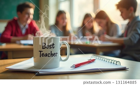 Teacher's Mug and Planner Overhead During Busy School Break 131164885