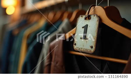 Vintage Metal Coat Check Tag on Hanger with Blurred Coats, Back-to-School Symbolism 131164890
