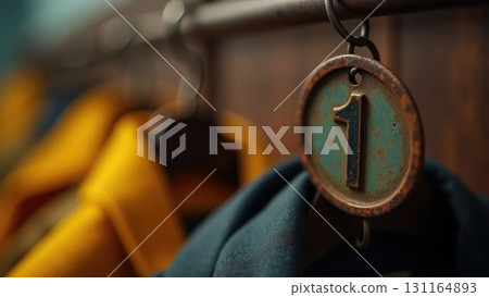 Vintage Soviet Coat Check Tag on Wooden Hanger - School Memories Macro Shot Vintage Soviet Coat Check Tag on Wooden Hanger - School Memories Macro Shot 131164893