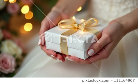 Bride or Groom Hands Unwrapping a White and Gold Wedding Gift 131164907