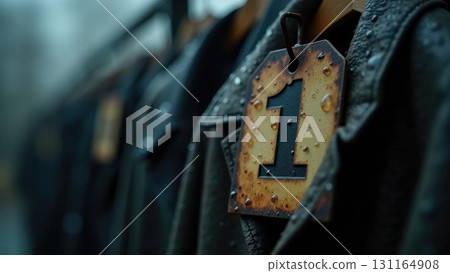 Old Worn-Out Coat Tag with Raindrops, Moody School Nostalgia 131164908