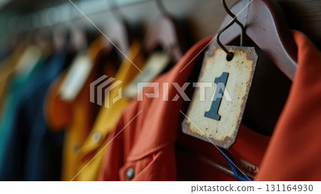 Vintage Soviet Coat Check Tag on Wooden Hanger - School Memories Macro Shot Vintage Soviet Coat Check Tag on Wooden Hanger - School Memories Macro Shot 131164930