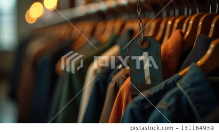 Vintage Metal Coat Check Tag on Hanger with Blurred Coats, Back-to-School Symbolism 131164939
