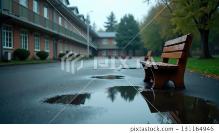 Empty Schoolyard After Rain with Flag Reflection in Puddle and Overturned Bench 131164946
