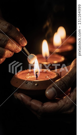Close-Up of Hands Lighting Diya Oil Lamp Wick Against Dark Background. Dashahra, India, 131164999
