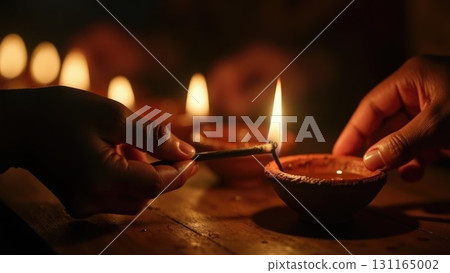 Close-Up of Hands Lighting Diya Oil Lamp Wick Against Dark Background. Dashahra, India, 131165002