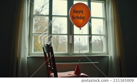 Lonely Birthday Balloon by Window at Sunset with Confetti and Party Hat Lonely Birthday Balloon by Window at Sunset with Confetti and Party Hat 131165009