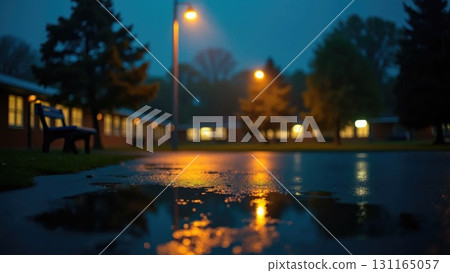 Night Rain Schoolyard with Lamp Reflections in Puddles and Lonely Bench Night Rain Schoolyard with Lamp Reflections in Puddles and Lonely Bench 131165057