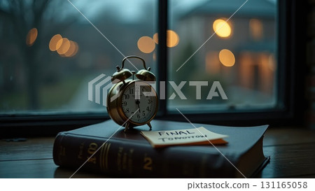 University Stress: Antique Alarm Clock on Calculus Book with Final Exam Note 131165058