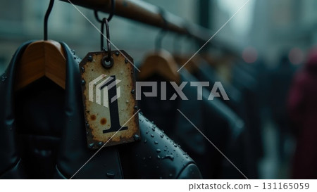 Old Worn-Out Coat Tag with Raindrops, Moody School Nostalgia 131165059