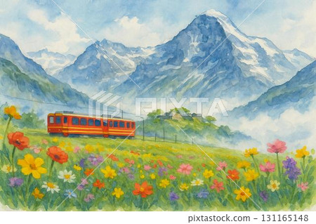 瑞士阿爾卑斯山鐵路阿爾卑斯山圖像水彩畫 瑞士阿爾卑斯山鐵路阿爾卑斯山圖像水彩畫 131165148