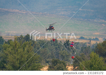 Helicopters in Action Battling Forest Fire from Above 131165172