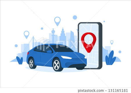 Car sharing service concept. Online car rental service. Car key in smartphone app. Phone with location mark. Vehicle remote parking. Vector illustration. Car sharing service concept. Online car rental service. Car key in smartphone app. Phone with location mark. Vehicle remote parking. Vector illustration. 131165181