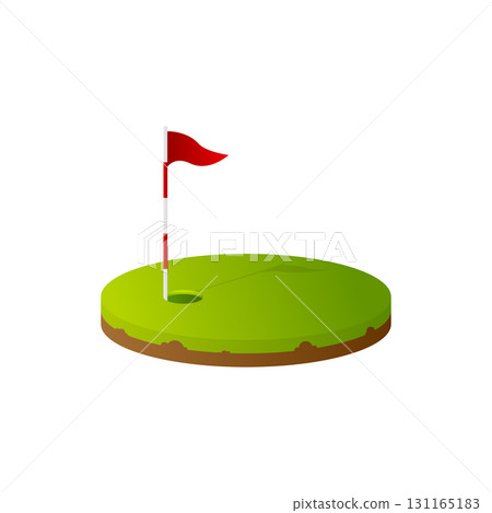 Golf hole with flag. Cartoon style. Golfing elements. Red flag, hole and grass. Vector illustration. 131165183